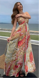Vestido midi para mulher com estampado boho e franzido