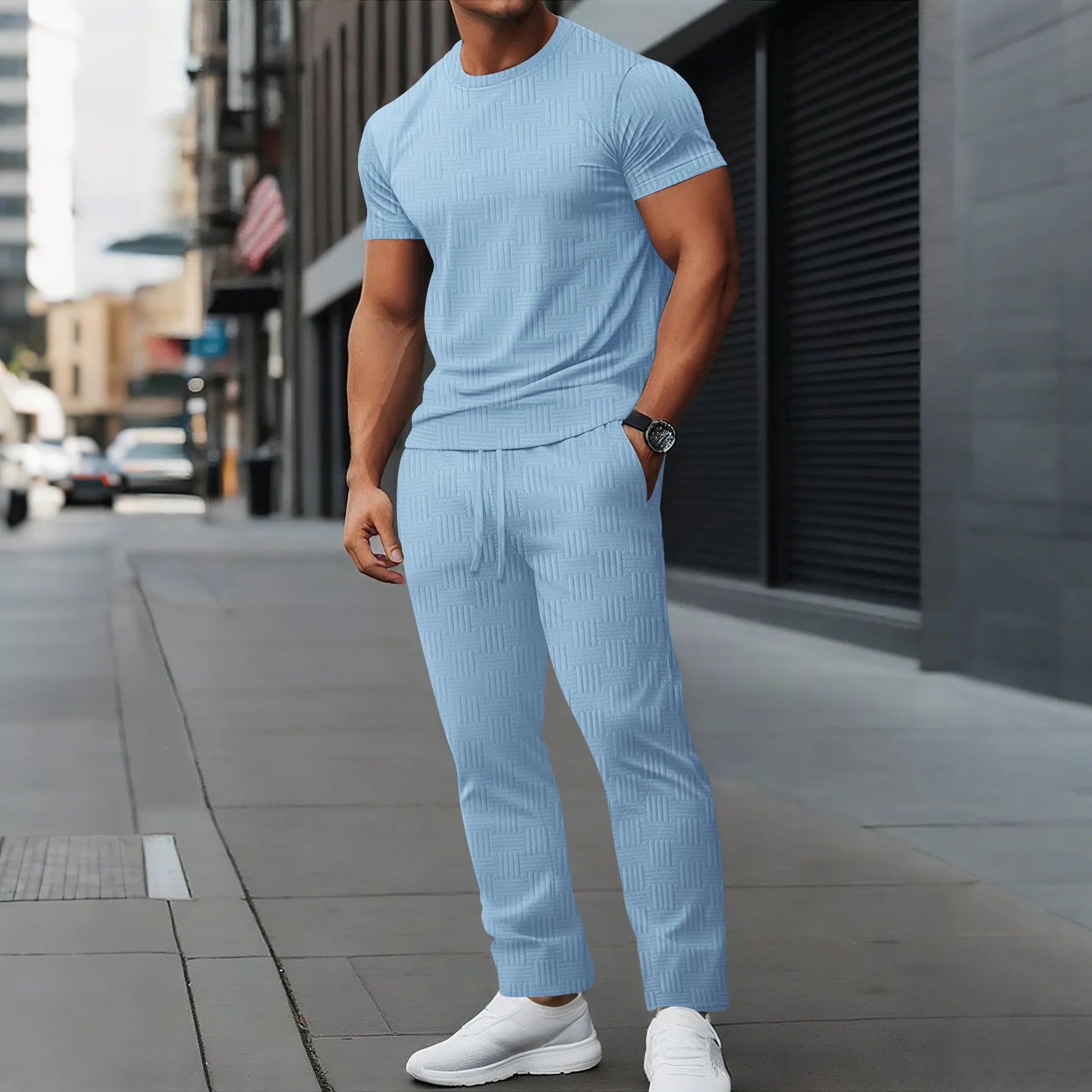Men’s Casual Summer Set – Short Sleeve Jacquard T-Shirt with Comfortable Long Pants