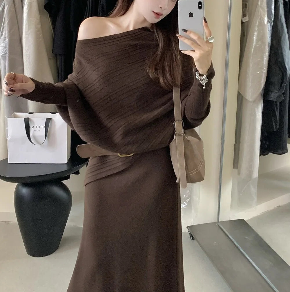 Knitted Sweater Set Women's Slim Fit Long Skirt Two Piece Fashionable Autumn Wear E12258