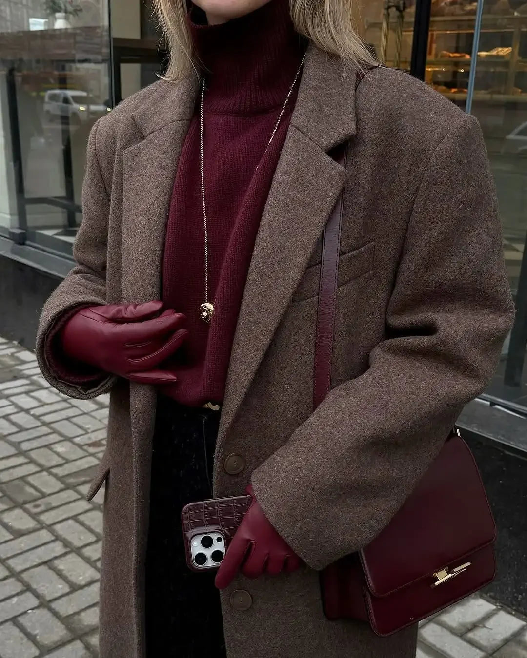 Brown Shoulder Pad Wool Blend Overcoat Women Elegant Lapel Single-breasted Long Sleeve Coat 2025 Autumn Lady Commuter Outerwear