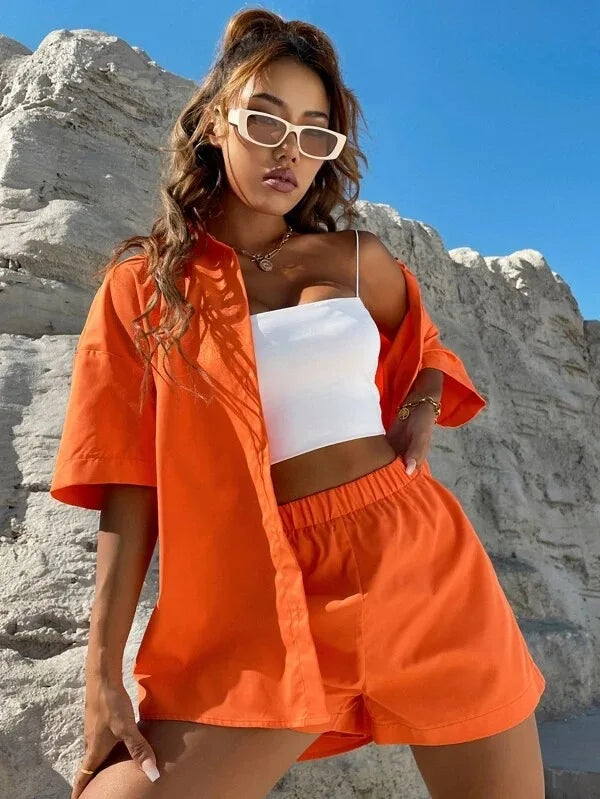 Women's Summer Chic Set – Long Sleeve Shirt + Wide-Leg Shorts