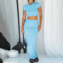 Conjunto sexy de duas peças para mulher – blusa cropped e saia comprida de cintura subida
