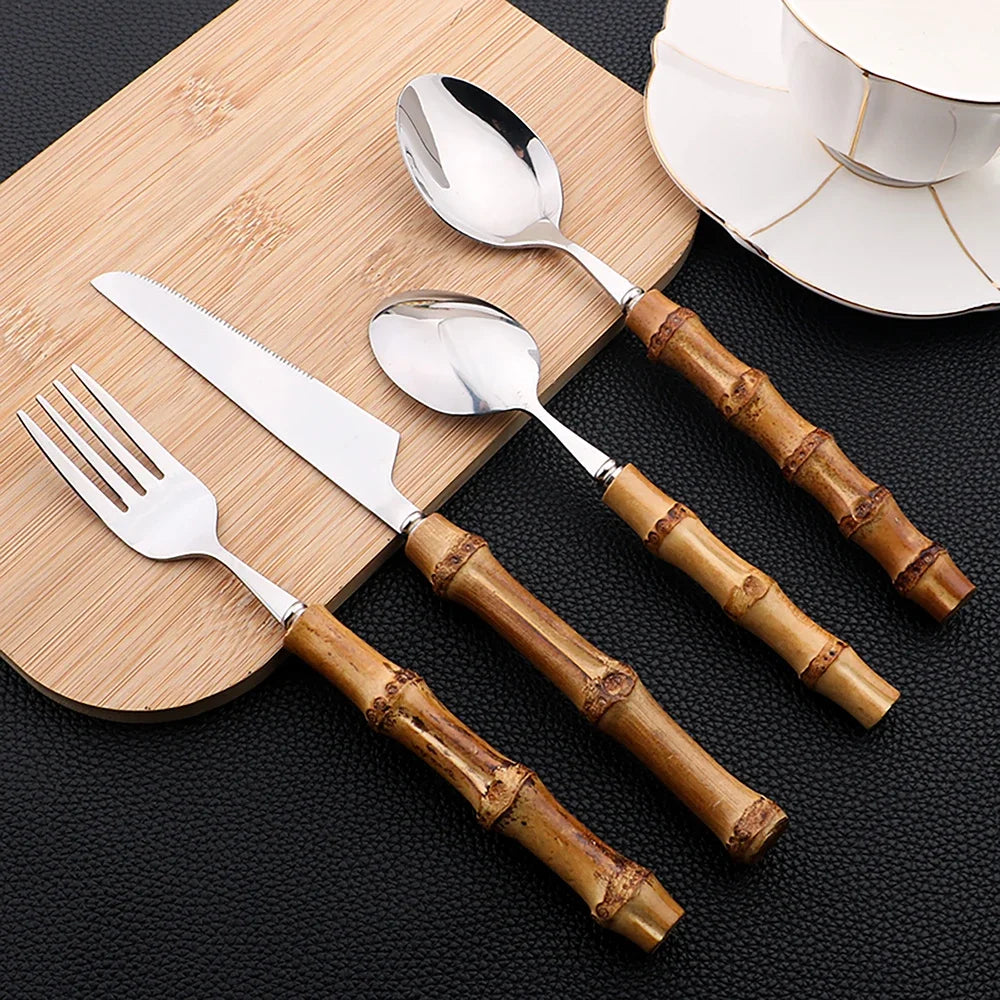 24-Piece Bamboo Handle Cutlery Set – Eco-Friendly Stainless Steel Dinnerware