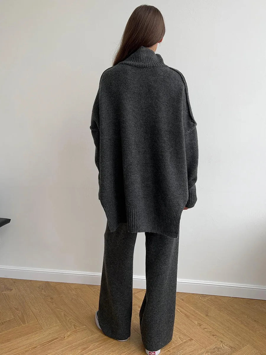 Women's Autumn and Winter New Fashion Relaxed Leisure Lazy Thick Knit Two-piece Set High Collar Slit Sweater + Long Pants Suit