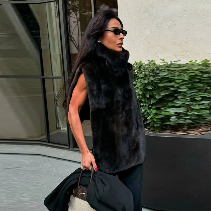 Faux Fur Sleeveless Women Waistcoat Furry High Collar Loose Lady Tank 2025 Autumn Winter All Match Solid Soft Warm Female Vest