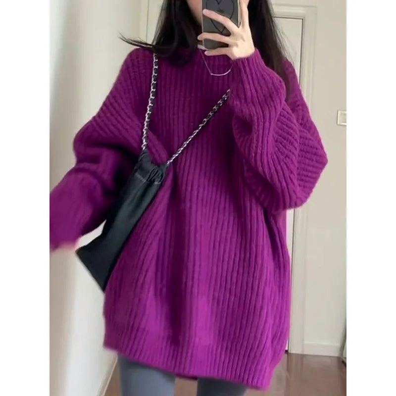 Stylish O-Neck Solid Color Knitted Loose Korean Sweaters Women's Clothing 2022 Autumn New Casual Pullovers All-match Warm Tops