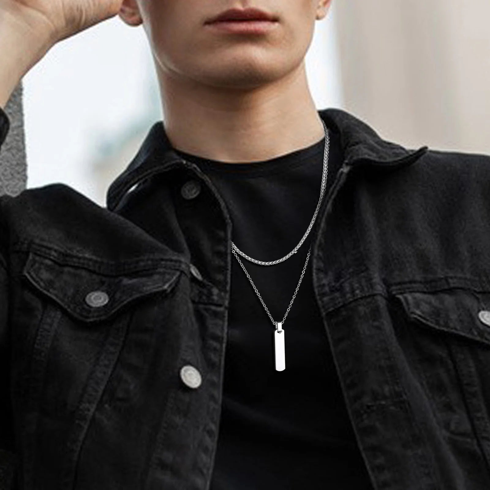 Men’s Necklace Set with Vertical Bar Pendant and Dual Stainless Steel Chains