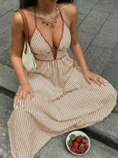2026 Summer New Style Deep V-neck Striped Beach Dress, Sexy Backless Sleeveless Neckline Long Dress