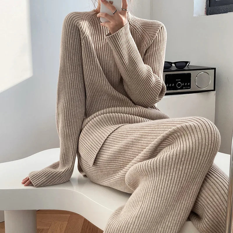 Version Of Fashion Casual Retro Winter Clothing New Warm Open Sweater Set Knit Wide Leg Pants Lazy Two-Piece Women's Suit Z290
