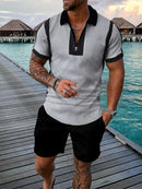 Conjunto de polo e calções desportivos de verão para homem com estampa patchwork