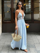2026 Summer New Style Deep V-neck Striped Beach Dress, Sexy Backless Sleeveless Neckline Long Dress