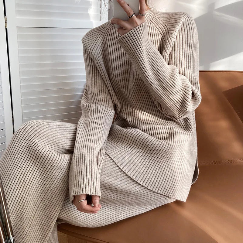 Version Of Fashion Casual Retro Winter Clothing New Warm Open Sweater Set Knit Wide Leg Pants Lazy Two-Piece Women's Suit Z290
