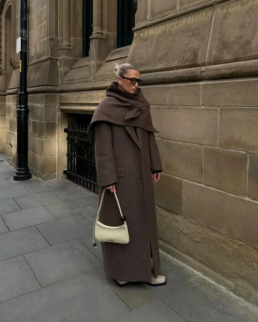 Brown Shoulder Pad Wool Blend Overcoat Women Elegant Lapel Single-breasted Long Sleeve Coat 2025 Autumn Lady Commuter Outerwear