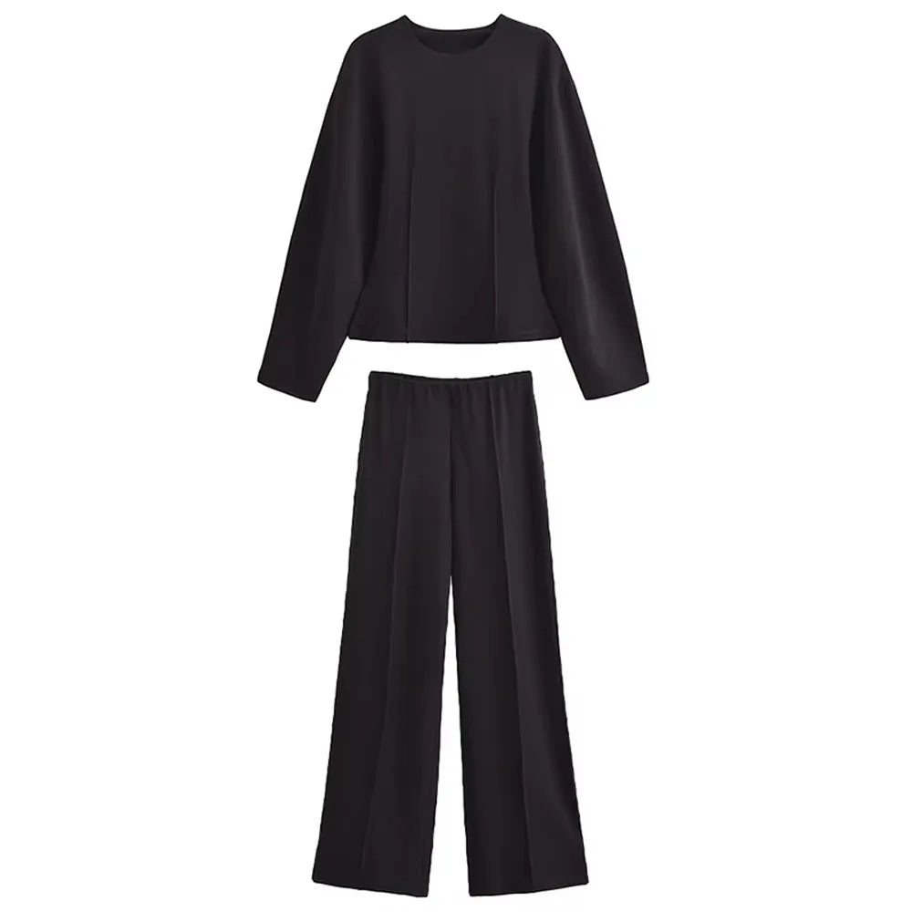 HH Women's 2-Piece Set Fashion Slimming Double-Sided Fabric Round Neck Long-Sleeve Top+Elegant Stretch Casual Wide Leg Pants