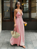2026 Summer New Style Deep V-neck Striped Beach Dress, Sexy Backless Sleeveless Neckline Long Dress