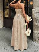 2026 Summer New Style Deep V-neck Striped Beach Dress, Sexy Backless Sleeveless Neckline Long Dress