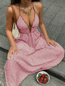 2026 Summer New Style Deep V-neck Striped Beach Dress, Sexy Backless Sleeveless Neckline Long Dress