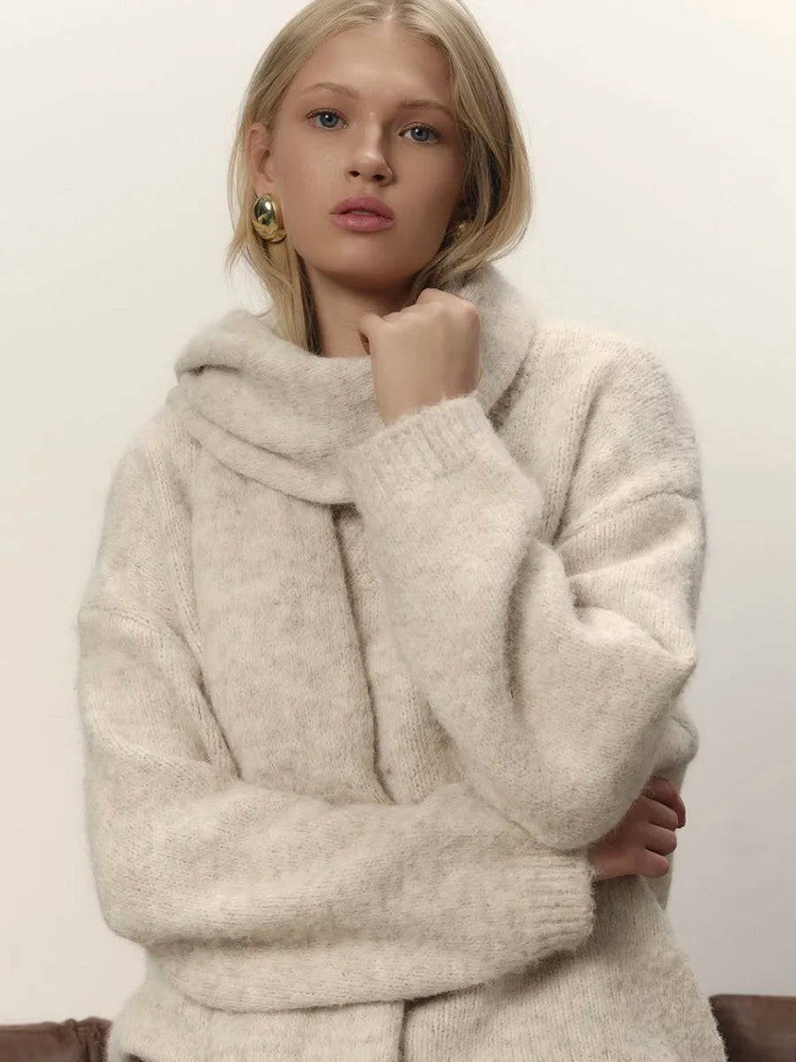 Hirsionsan 2025 New Soft Loose V Neck Knitted Sweaters Women Winter Solid Female Pullovers & Scarf Warm Basic Knitwear Jumper