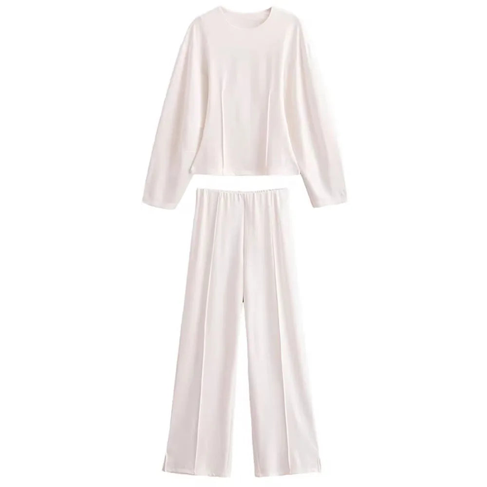 HH Women's 2-Piece Set Fashion Slimming Double-Sided Fabric Round Neck Long-Sleeve Top+Elegant Stretch Casual Wide Leg Pants