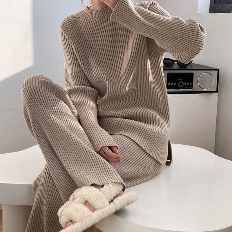 Version Of Fashion Casual Retro Winter Clothing New Warm Open Sweater Set Knit Wide Leg Pants Lazy Two-Piece Women's Suit Z290