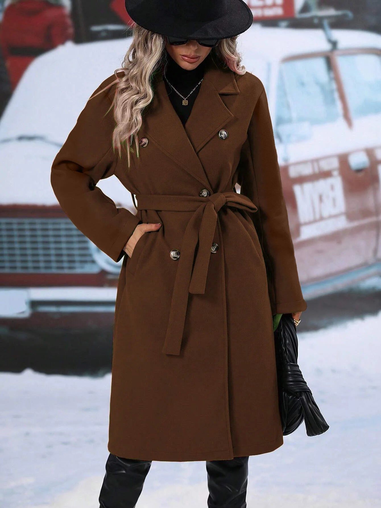 Thickened Pure Color Notch Collar Double Breasted Belted Long Length Woolen Coat for Women Comfortable Casual Style Spring Au...
