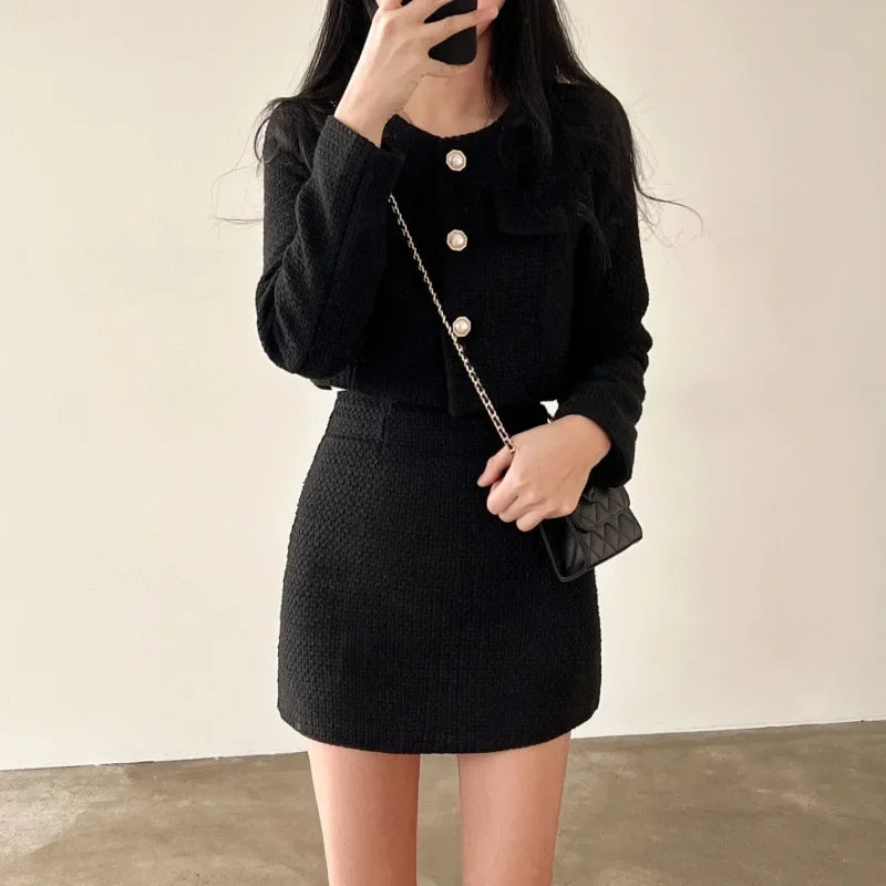 Elegant Tweed Two-Piece Set – Short Jacket & High-Waist Skirt