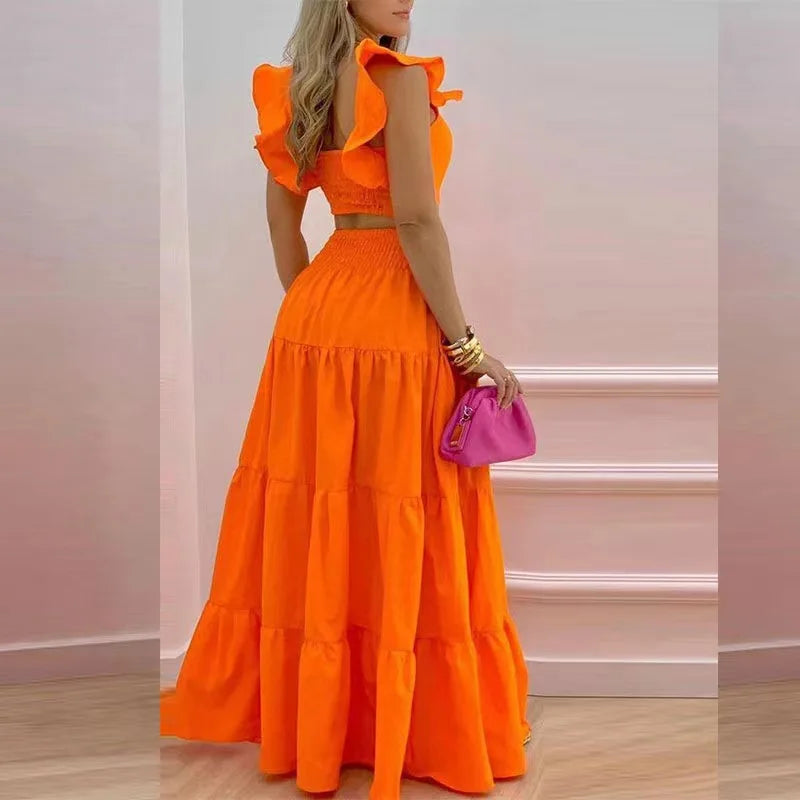 Women's 2-Piece Set – Crop Top + Maxi Skirt – Elegant Casual Outfit