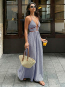 2026 Summer New Style Deep V-neck Striped Beach Dress, Sexy Backless Sleeveless Neckline Long Dress