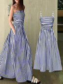 2026 Casual Spaghetti Strap Dresses For Ladies A-line Dress Vestido For Woman Temperament Striped Slim Pleated Off Shoulder Chic