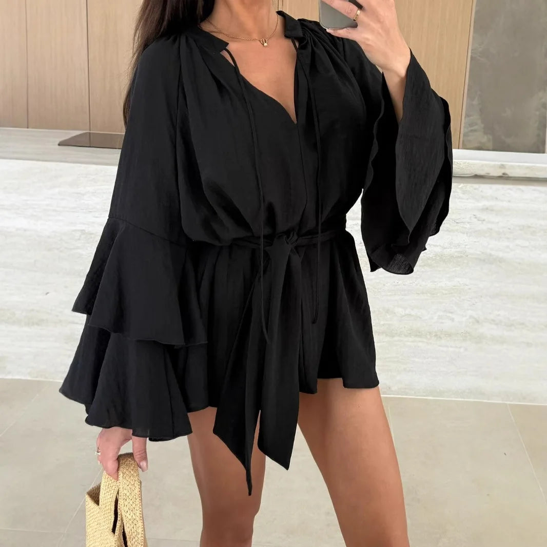 Elegant Fold Dress Women Brown Deep V-neck Long Sleeve Mini Dresses Female 2025 Spring Summer Fashion Loose Lady Vestidos