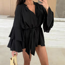 Vestido elegante para mulher com pregas, castanho, decote em V profundo, mangas compridas, modelo curto, moda feminina primavera/verão 2025, largo e elegante.