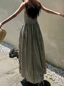 2026 Casual Spaghetti Strap Dresses For Ladies A-line Dress Vestido For Woman Temperament Striped Slim Pleated Off Shoulder Chic