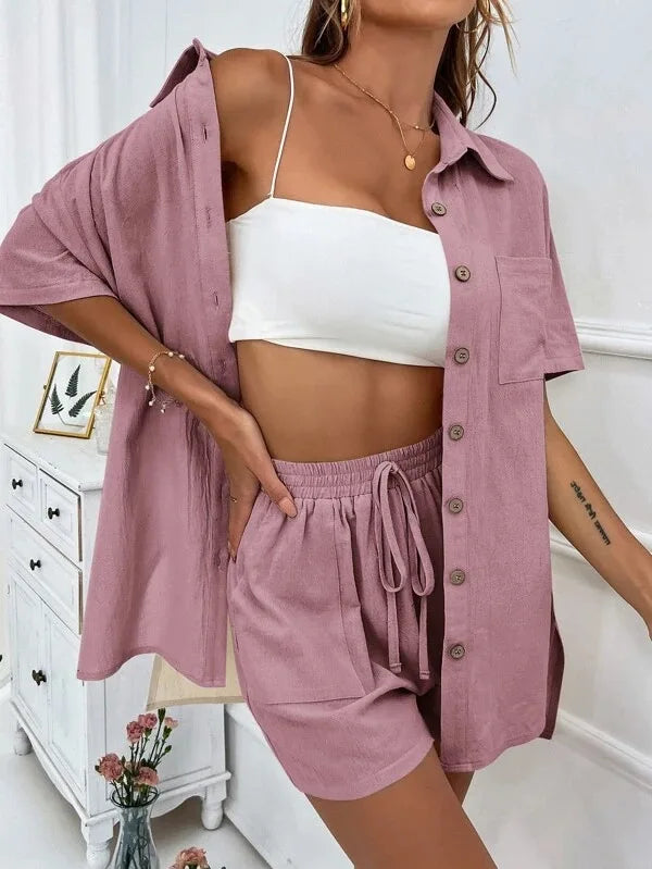 Women's Summer Chic Set – Long Sleeve Shirt + Wide-Leg Shorts