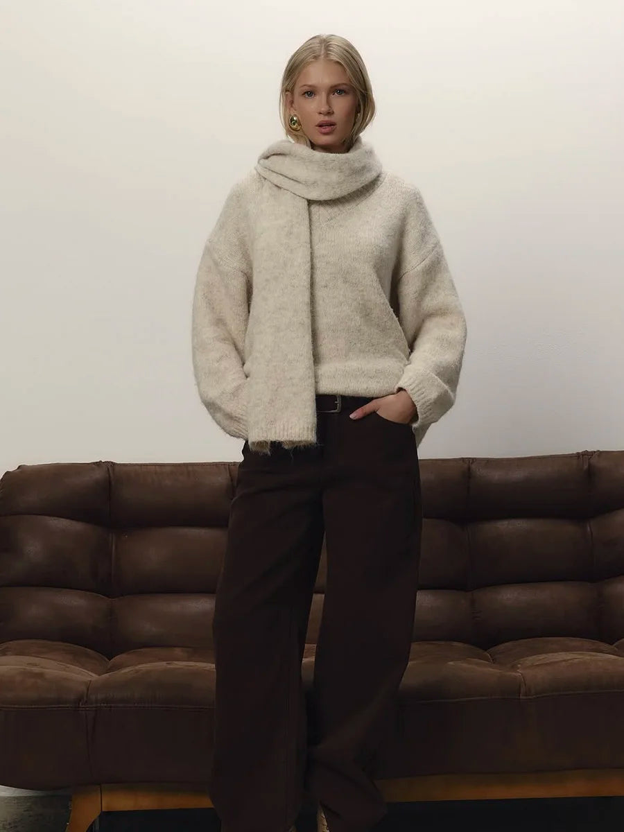 Hirsionsan 2025 New Soft Loose V Neck Knitted Sweaters Women Winter Solid Female Pullovers & Scarf Warm Basic Knitwear Jumper
