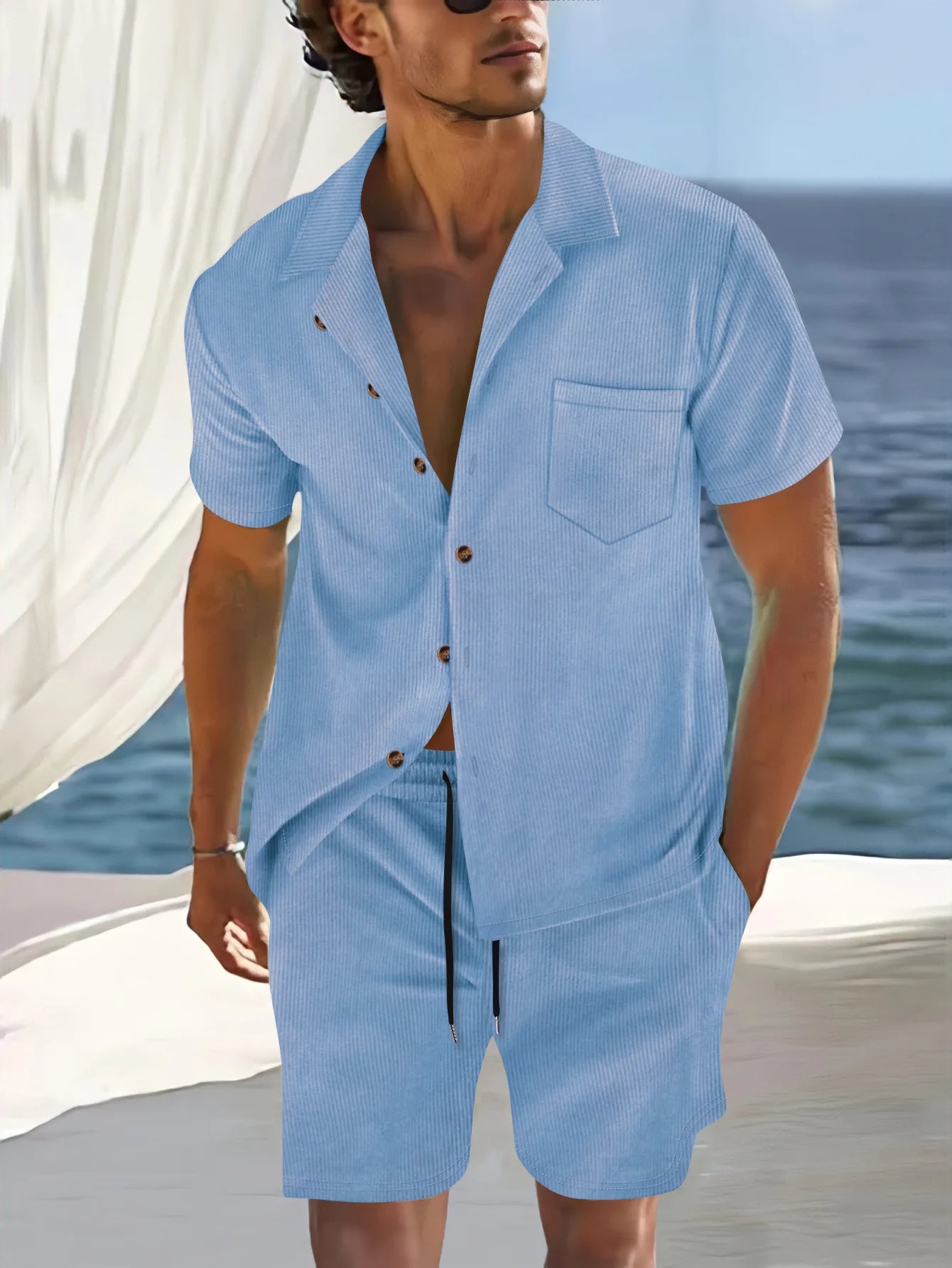 Men's Summer Thin Cuban Collar Short Sleeve Shirt Set with Shorts – Casual Sportswear