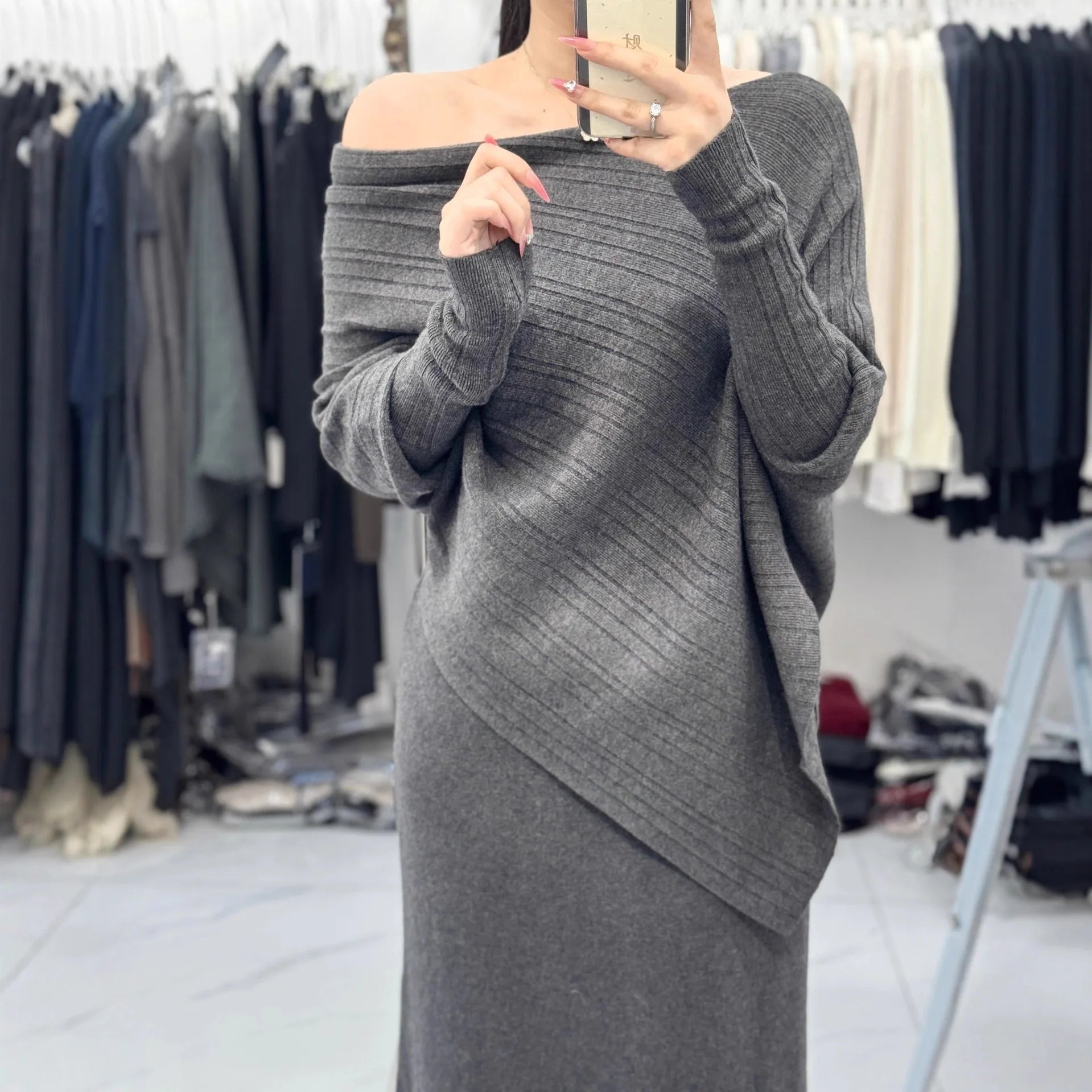 Knitted Sweater Set Women's Slim Fit Long Skirt Two Piece Fashionable Autumn Wear E12258