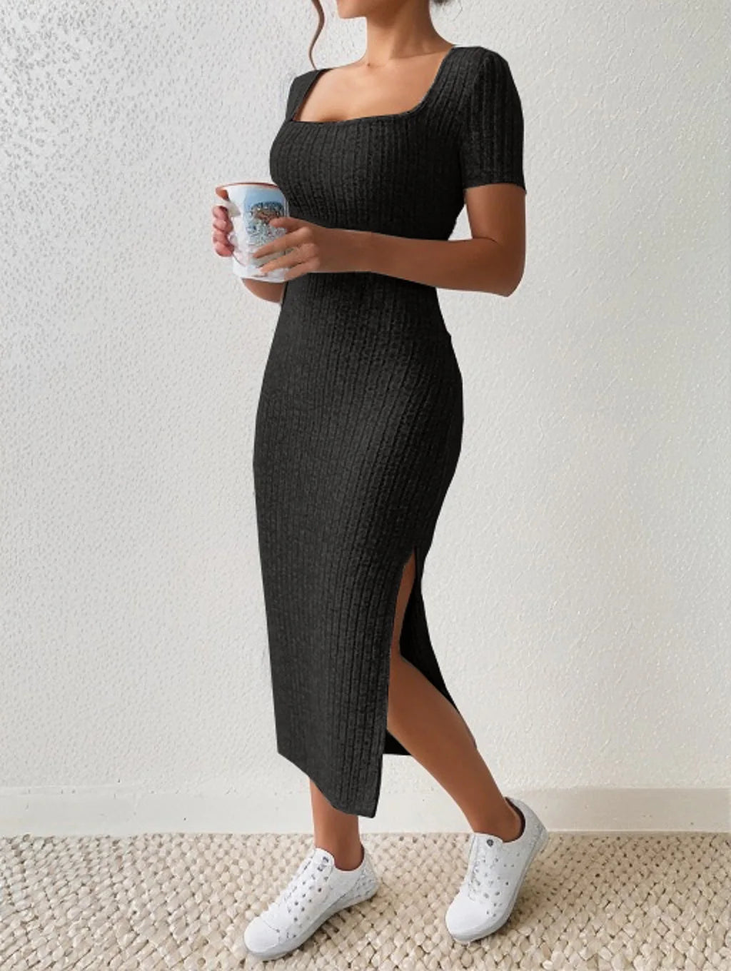 Ribbed Square Neck Midi Dress with Slit – Summer 2025