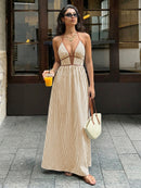 2026 Summer New Style Deep V-neck Striped Beach Dress, Sexy Backless Sleeveless Neckline Long Dress