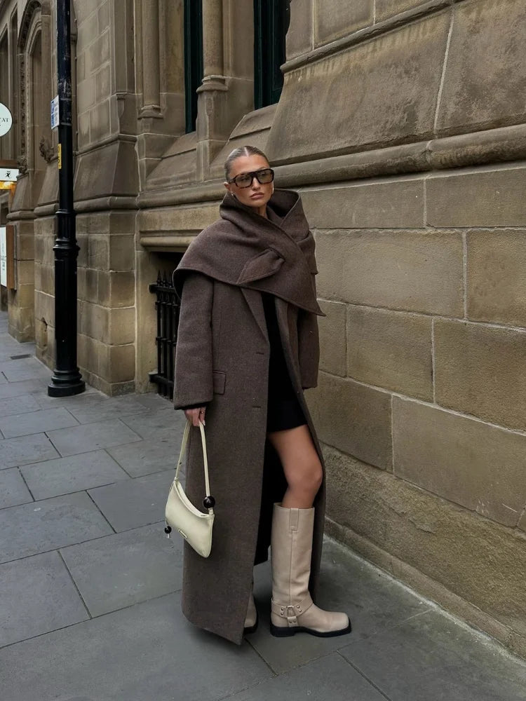 Brown Shoulder Pad Wool Blend Overcoat Women Elegant Lapel Single-breasted Long Sleeve Coat 2025 Autumn Lady Commuter Outerwear