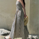 2026 Casual Spaghetti Strap Dresses For Ladies A-line Dress Vestido For Woman Temperament Striped Slim Pleated Off Shoulder Chic