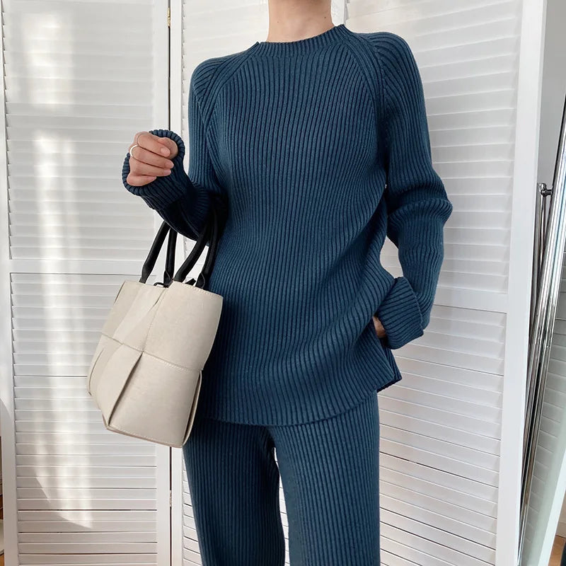 Version Of Fashion Casual Retro Winter Clothing New Warm Open Sweater Set Knit Wide Leg Pants Lazy Two-Piece Women's Suit Z290