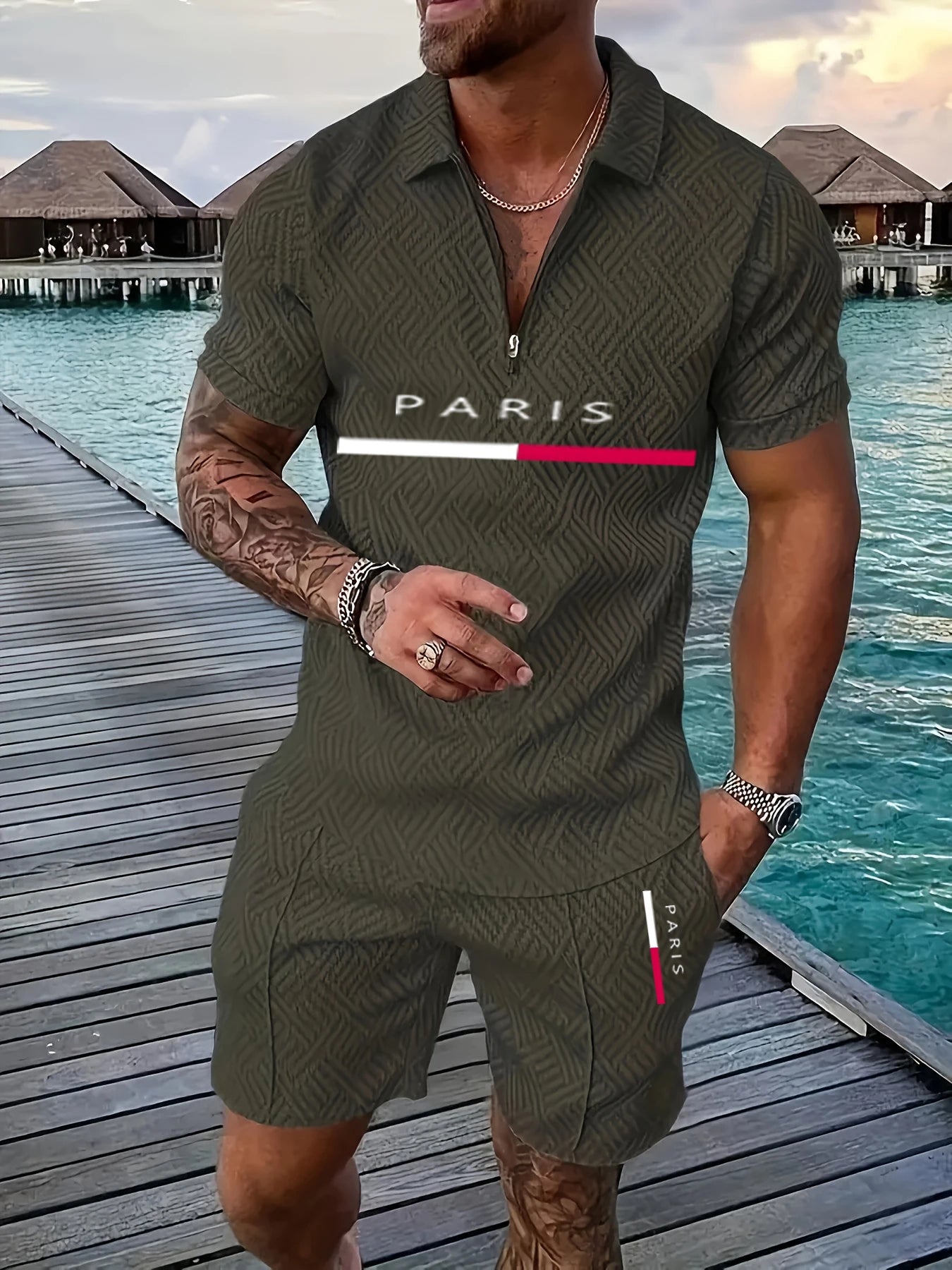 Luxury Men’s Casual Set with Short Sleeve Zip-Up Shirt