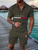 Conjunto casual de luxo para homem com camisa de manga curta com fecho.
