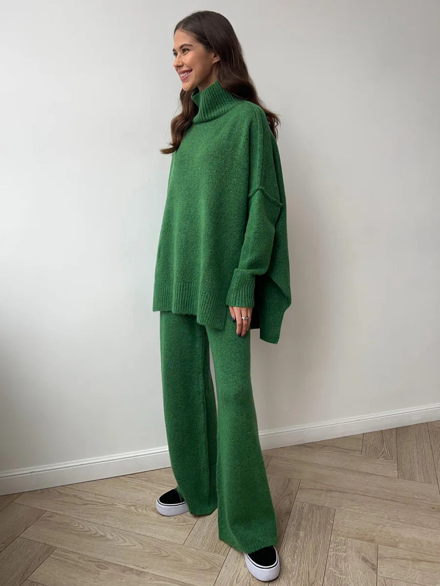 Women's Autumn and Winter New Fashion Relaxed Leisure Lazy Thick Knit Two-piece Set High Collar Slit Sweater + Long Pants Suit