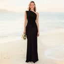 Vestido comprido de cetim com um ombro só, elegante e sensual, estilo bodycon, perfeito para as noites de verão.