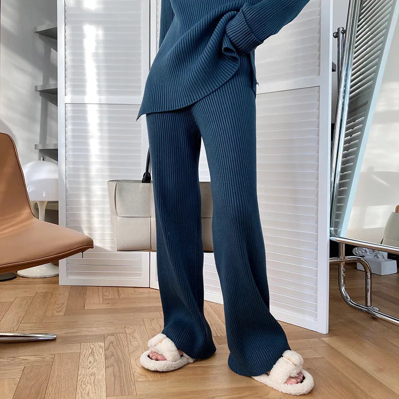 Version Of Fashion Casual Retro Winter Clothing New Warm Open Sweater Set Knit Wide Leg Pants Lazy Two-Piece Women's Suit Z290