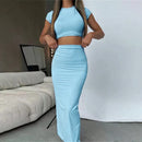 Conjunto sexy de duas peças para mulher – blusa cropped e saia comprida de cintura subida