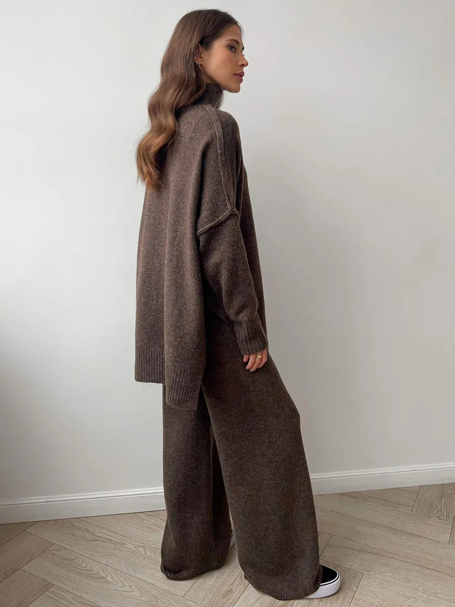 Women's Autumn and Winter New Fashion Relaxed Leisure Lazy Thick Knit Two-piece Set High Collar Slit Sweater + Long Pants Suit