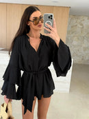 Vestido elegante para mulher com pregas, castanho, decote em V profundo, mangas compridas, modelo curto, moda feminina primavera/verão 2025, largo e elegante.