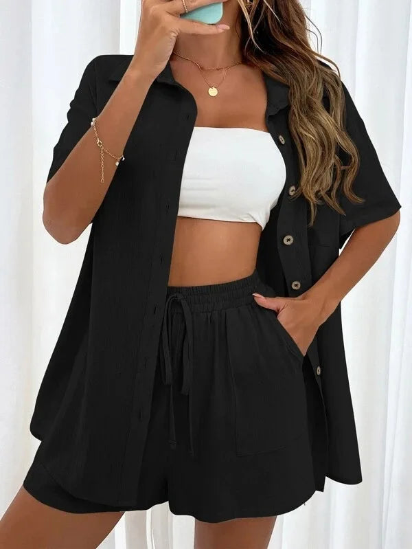 Women's Summer Chic Set – Long Sleeve Shirt + Wide-Leg Shorts